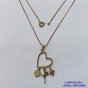 GARGANTILHA NO BRUTO PRONTA PARA O BANHO - (CX.39)  CORRENTE VENEZIANA 45CM E PINGENTE CORAÇÃO VAZADO COM FÉ E MINI CORAÇÃO CRAVEJADO EM MICROS ZIRCÔNIAS 30MM - PESO TOTAL 4GR - BRU14591