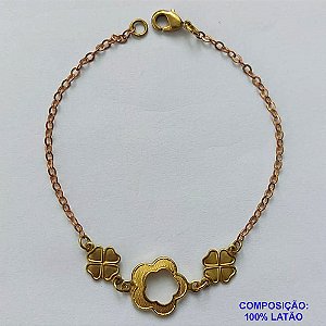 PULSEIRA NO BRUTO PRONTA PARA O BANHO - (CX.39)  PULSEIRA COM TREVOS E FLOR VAZADA - TAMANHO 18CM - PESO TOTAL 2,3GR - BRU14593