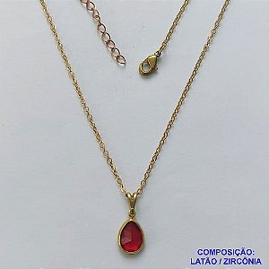 GARGANTILHA NO BRUTO PRONTA PARA O BANHO - GARGANTILHA COM CORRENTE CADEADO 45CM E PINGENTE EM ZIRCÔNIA GOTA VERMELHA 8X10MM - PESO TOTAL 2,2GR - BRU14597