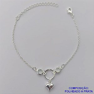 PULSEIRA FOLHEADA A PRATA COM 50 MILÉSIMOS + VERNIZ DIAMOND - PULSEIRA 18CM + EXTENSOR COM ELEMENTOS VAZADOS E CORAÇÃO DUPLO - PRA270