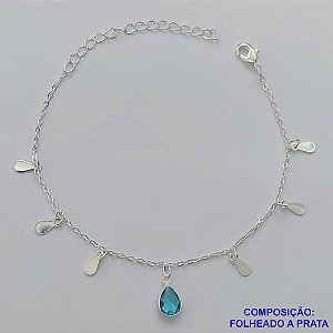 PULSEIRA FOLHEADA A PRATA COM 50 MILÉSIMOS + VERNIZ DIAMOND - PULSEIRA 18CM + EXTENSOR COM ELEMENTOS E PINGENTE ESTILO GOTA AZUL - PRA271