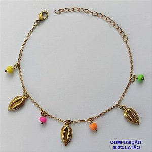 PULSEIRA NO BRUTO PRONTA PARA BANHO -(CX.46)  PULSEIRA 17CM + EXTENSOR COM MIÇANGAS COLORIDAS E BUZIOS - PESO 2GR - COMPOSIÇÃO: LATÃO - BRU14611