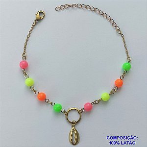 PULSEIRA NO BRUTO PRONTA PARA BANHO - (CX.47)  PULSEIRA 17CM + EXTENSOR COM MIÇANGAS COLORIDAS E BUZIO - PESO 2,8GR - COMPOSIÇÃO: LATÃO - BRU14612