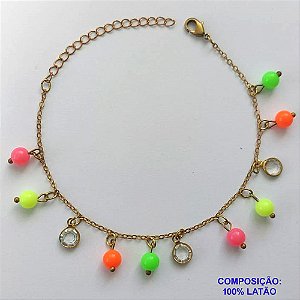 PULSEIRA NO BRUTO PRONTA PARA BANHO - (CX.47)  PULSEIRA 17CM + EXTENSOR COM MIÇANGAS COLORIDAS E STRASS - PESO 3,1GR - COMPOSIÇÃO: LATÃO - BRU14613