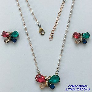 CONJUNTO NO BRUTO PRONTO PARA BANHO -  (CX.47) CONJUNTO COM CORRENTE EM PÉROLAS E BRINCOS DE PINO COM BORBOLETAS EM ZIRCÔNIAS 18MM E PINGENTE BORBOLETA EM ZIRCÔNIA 24MM - PESO 10,2GR - COMPOSIÇÃO: LATÃO / ZIRCÔNIA - BRU14619