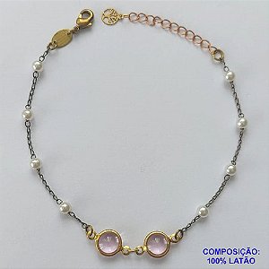 PULSEIRA NO BRUTO PRONTA PARA BANHO - (CX.47) PULSEIRA COM ESFERAS E PINGENTES EM VIDROS ROSAS 18CM + EXTENSOR - PESO 2GR - COMPOSIÇÃO: LATÃO - BRU14620