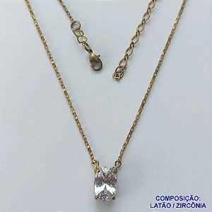 GARGANTILHA NO BRUTO PRONTA PARA BANHO - (CX.44)  GARGANTILHA COM CORRENTE 45CM + EXTENSOR E PINGENTE EM ZIRCÔNIA OVAL CRISTAL 8X12MM -  PESO 3,7GR - COMPOSIÇÃO: LATÃO / ZIRCÔNIA - BRU14621