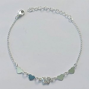 PULSEIRA FOLHEADA A PRATA COM 50 MILÉSIMOS + VERNIZ DIAMOND - PULSEIRA 16CM + EXTENSOR COM CORAÇÕES LISOS E BORBOLETAS - PRA273