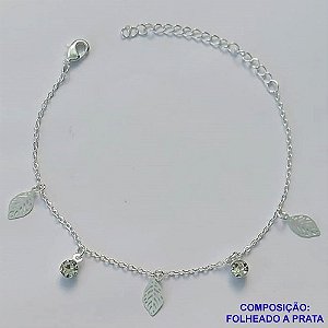 PULSEIRA FOLHEADA A PRATA COM 50 MILÉSIMOS + VERNIZ DIAMOND - PULSEIRA 16CM + EXTENSOR COM STRASS E FOLHAS VAZADAS - PRA274