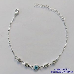 PULSEIRA FOLHEADA A PRATA COM 50 MILÉSIMOS + VERNIZ DIAMOND - PULSEIRA 16CM + EXTENSOR COM STRASS E OLHO GREGO - PRA276
