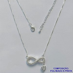 GARGANTILHA FOLHEADA A PRATA COM 50 MILÉSIMOS + VERNIZ DIAMOND - GARGANTILHA CORRENTE VENEZIANA 45CM PINGENTE INFINITO COM CORAÇÃO E MICRO ZIRCÔNIAS 23X10MM E FECHO LAGOSTA PRA277