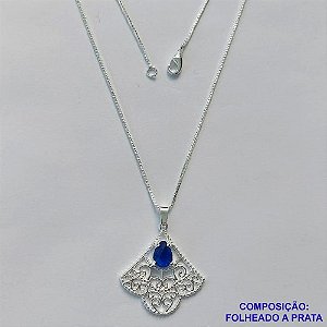GARGANTILHA FOLHEADA A PRATA COM 50 MILÉSIMOS + VERNIZ DIAMOND - GARGANTILHA CORRENTE VENEZIANA 45CM PINGENTE FORMATO LEQUECOM  ZIRCÔNIA AZUL E FECHO LAGOSTA PRA279