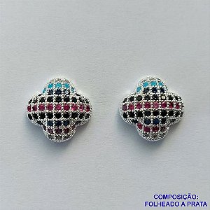 BRINCO FOLHEADA A PRATA COM 50 MILÉSIMOS + VERNIZ DIAMOND - BRINCO COM MICRO ZIRCÔNIAS COLORIDAS 12MM PRA280
