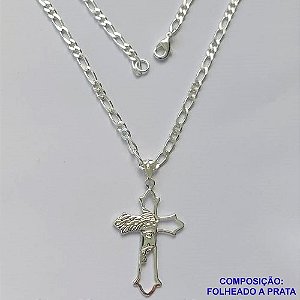 GARGANTILHA FOLHEADA A PRATA COM 80 MILÉSIMOS + VERNIZ CATAFORÉTICO - GARGANTILHA CORRENTE 2X2 48CM PINGENTE CRUCIFIXO FACE DE CRISTO 40X26MM - LARGURA 3MM E FECHO LAGOSTA PRA284