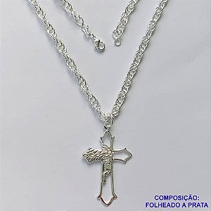 GARGANTILHA FOLHEADA A PRATA COM 80 MILÉSIMOS + VERNIZ CATAFORÉTICO - GARGANTILHA CORRENTE 50CM PINGENTE CRUCIFIXO FACE DE CRISTO 40X26MM - LARGURA 2MM E FECHO LAGOSTA PRA285