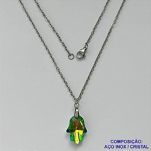GARGANTILHA EM AÇO INOXIDÁVEL - (AÇO03)  (CX.116) GARGANTILHA COM PINGENTE MÃO DE FÁTIMA CRISTAL VERDE 12X17MM - TAMANHO: 50CM - COMPOSIÇÃO: AÇO INOXIDÁVEL - AÇO1876