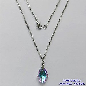 GARGANTILHA EM AÇO INOXIDÁVEL - (AÇO03)  (CX.116) GARGANTILHA COM PINGENTE MÃO DE FÁTIMA CRISTAL  AZUL CLARO COM ROXO 12X17MM - TAMANHO: 50CM - COMPOSIÇÃO: AÇO INOXIDÁVEL - AÇO1879