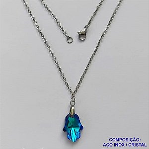 GARGANTILHA EM AÇO INOXIDÁVEL - (AÇO03) (CX.116)  GARGANTILHA COM PINGENTE MÃO DE FÁTIMA CRISTAL AZUL 12X17MM - TAMANHO: 50CM - COMPOSIÇÃO: AÇO INOXIDÁVEL - AÇO1880