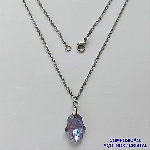 GARGANTILHA EM AÇO INOXIDÁVEL - (AÇO03) (CX.116) GARGANTILHA COM PINGENTE MÃO DE FÁTIMA CRISTAL LILÁS COM AZUL 12X17MM - TAMANHO: 50CM - COMPOSIÇÃO: AÇO INOXIDÁVEL - AÇO1881
