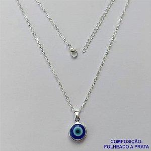 GARGANTILHA FOLHEADA A PRATA COM 50 MILÉSIMOS + VERNIZ DIAMOND - GARGANTILHA CORRENTE CADEADO 40CM PINGENTE OLHO GREGO 10MM - FECHO LAGOSTA + EXTENSOR PRA292