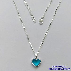 GARGANTILHA FOLHEADA A PRATA COM 50 MILÉSIMOS + VERNIZ DIAMOND - GARGANTILHA CORRENTE CADEADO 40CM CORAÇÃO AZUL VIDRO 10MM - FECHO LAGOSTA + EXTENSOR PRA293