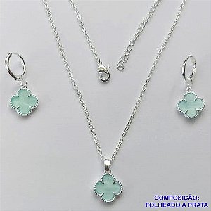 CONJUNTO FOLHEADO A PRATA COM 50 MILÉSIMOS  + VERNIZ DIAMOND CORRENTE CADEADO 45CM PINGENTE TREVO VERDE 10MM E  BRINCOS COM ARGOLA DE PRESSÃO TREVO VERDE 10MM PRA294