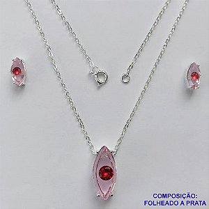 CONJUNTO FOLHEADO A PRATA COM 50 MILÉSIMOS  + VERNIZ DIAMOND CORRENTE CADEADO COM ZIRCÔNIA ROSA 9MM E  BRINCOS PINO COM ZIRCÔNIA ROSA 5MM PRA295
