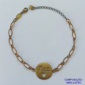 PULSEIRA NO BRUTO PRONTA PARA O BANHO   (CX.44) - PULSEIRA 18CM + EXTENSOR COM PINGENTE REDONDO PAZ VAZADO 18MM - PESO TOTAL 4GR - BRU14640
