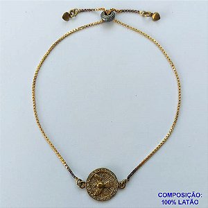PULSEIRA NO BRUTO PRONTA PARA O BANHO - (CX.46)  PULSEIRA GRAVATINHA (REGULÁVEL) COM PINGENTE REDONDO ESPÍRITO SANTO CRAVEJADO EM MICROS ZIRCÔNIAS 14MM - PESO TOTAL 3GR - BRU14643