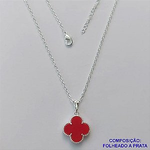 GARGANTILHA FOLHEADA A PRATA COM 50 MILÉSIMOS + VERNIZ DIAMOND - GARGANTILHA CORRENTE CADEADO 45CM PINGENTE VAN CLEEF VERMELHO 13MM - FECHO LAGOSTA PRA303