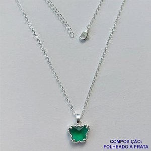 GARGANTILHA FOLHEADA A PRATA COM 50 MILÉSIMOS + VERNIZ DIAMOND - GARGANTILHA CORRENTE CADEADO 45CM PINGENTE VAN CLEEF BORBOLETA VERDE VIDRO 11MM - FECHO LAGOSTA PRA305