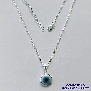 GARGANTILHA FOLHEADA A PRATA COM 50 MILÉSIMOS + VERNIZ DIAMOND - GARGANTILHA CORRENTE CADEADO 45CM PINGENTE OLHO GREGO 10MM - FECHO LAGOSTA PRA306