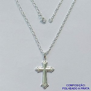 GARGANTILHA FOLHEADA A PRATA COM 50 MILÉSIMOS + VERNIZ DIAMOND - GARGANTILHA CORRENTE 60CM PINGENTE CRUCIFIXO DESENHADO 19X30MM - FECHO LAGOSTA PRA307