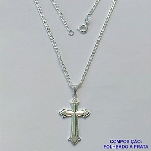 GARGANTILHA FOLHEADA A PRATA COM 50 MILÉSIMOS + VERNIZ DIAMOND - GARGANTILHA CORRENTE 40CM PINGENTE CRUCIFIXO DESENHADO 19X30MM - PRA308