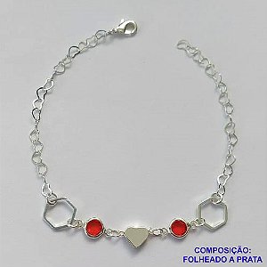 PULSEIRA FOLHEADA A PRATA COM 50 MILÉSIMOS + VERNIZ DIAMOND - PULSEIRA COM CORAÇÃO E PEDRA CRISTAL VERMELHA - TAMANHO: 19CM E  FECHO LAGOSTA PRA312