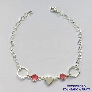PULSEIRA FOLHEADA A PRATA COM 50 MILÉSIMOS + VERNIZ DIAMOND - PULSEIRA COM CORAÇÃO E PEDRA CRISTAL ROSA - TAMANHO: 19CM E  FECHO LAGOSTA PRA313