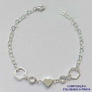 PULSEIRA FOLHEADA A PRATA COM 50 MILÉSIMOS + VERNIZ DIAMOND - PULSEIRA COM CORAÇÃO E PEDRA CRISTAL - TAMANHO: 19CM E  FECHO LAGOSTA PRA314