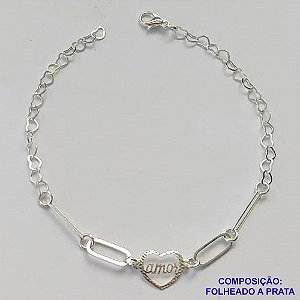 PULSEIRA FOLHEADA A PRATA COM 50 MILÉSIMOS + VERNIZ DIAMOND - PULSEIRA COM CORAÇÃO VAZADO AMOR - TAMANHO: 19CM E  FECHO LAGOSTA PRA315