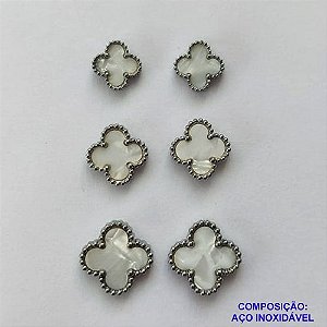 BRINCO EM AÇO INOXIDÁVEL(CX115) - TRIO DE  BRINCO DE PINO  VAN CLEEF MADRE PÉROLA 10/8/7MM - COMPOSIÇÃO: AÇO INOXIDÁVEL - AÇO1886
