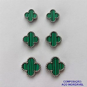 BRINCO EM AÇO INOXIDÁVEL(CX115) - TRIO DE  BRINCO DE PINO  VAN CLEEF VERDE LISTRADO 10/8/7MM - COMPOSIÇÃO: AÇO INOXIDÁVEL - AÇO1887