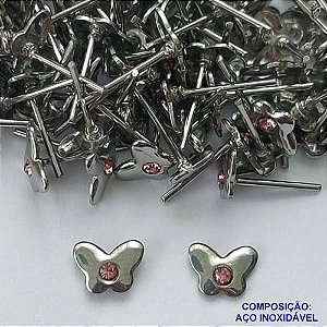 BRINCO EM AÇO INOXIDÁVEL - BRINCO DE PINO BORBOLETA COM ZIRCÔNIA ROSA 7MM  - (CX.116)  COMPOSIÇÃO: AÇO INOXIDÁVEL - AÇO1891