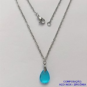 GARGANTILHA EM AÇO INOXIDÁVEL - (AÇO03) GARGANTILHA COM CORRENTE 50CM E PINGENTE EM ZIRCÔNIA AZUL 10X14MM - COMPOSIÇÃO: AÇO INOXIDÁVEL / ZIRCÔNIA - AÇO1907