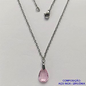GARGANTILHA EM AÇO INOXIDÁVEL - (AÇO03) GARGANTILHA COM CORRENTE 50CM E PINGENTE EM ZIRCÔNIA ROSA 10X14MM - COMPOSIÇÃO: AÇO INOXIDÁVEL / ZIRCÔNIA - AÇO1908