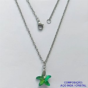 GARGANTILHA EM AÇO INOXIDÁVEL - (AÇO03) (CX.118)  GARGANTILHA COM CORRENTE 50CM E PINGENTE ESTRELA EM CRISTAL VERDE 14MM - COMPOSIÇÃO: AÇO INOXIDÁVEL / CRISTAL - AÇO1911