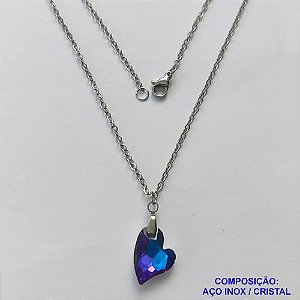 GARGANTILHA EM AÇO INOXIDÁVEL - (AÇO03) (CX.116)  GARGANTILHA COM CORRENTE 50CM E PINGENTE CORAÇÃO EM CRISTAL ROXO / AZUL 15MM - COMPOSIÇÃO: AÇO INOXIDÁVEL - AÇO1923
