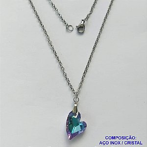 GARGANTILHA EM AÇO INOXIDÁVEL - (AÇO03) (CX.116)  GARGANTILHA COM CORRENTE 50CM E PINGENTE CORAÇÃO EM CRISTAL AZUL / LILÁS 15MM - COMPOSIÇÃO: AÇO INOXIDÁVEL - AÇO1927