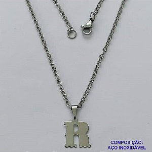 GARGANTILHA EM AÇO INOXIDÁVEL - (AÇO03) (CX.118)  GARGANTILHA COM CORRENTE 50CM E PINGENTE LETRA R 10MM - COMPOSIÇÃO: AÇO INOXIDÁVEL - AÇO1929