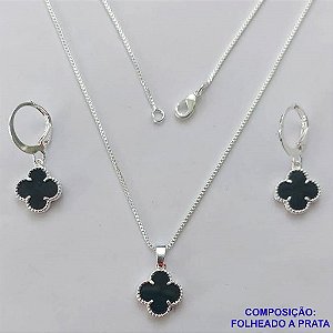 CONJUNTO FOLHEADO A PRATA COM 50 MILÉSIMOS  + VERNIZ DIAMOND CORRENTE VENEZIANA 45CM PINGENTE TREVO PRETO 10MM E  BRINCOS COM ARGOLA DE PRESSÃO TREVO PRETO 10MM PRA316