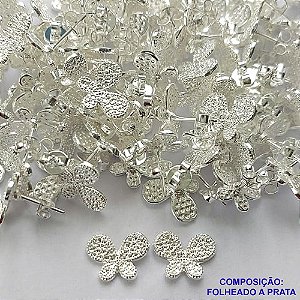 BRINCO FOLHEADA A PRATA COM 50 MILÉSIMOS + VERNIZ DIAMOND - BRINCO DE PINO BORBOLETA 9MM PRA332