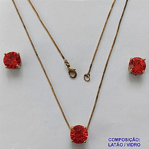 CONJUNTO NO BRUTO PRONTO PARA O BANHO - CORRENTE VENEZIANA 45CM E PINGENTE E BRINCOS COM BASE EM ALTA FUSÃO E PEDRA EM VIDRO VERMELHA 10X10MM - PESO TOTAL 6,8GR - BRU14698